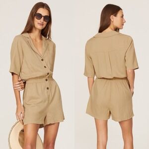 Faherty Sz M Collared Pull‎ On Romper Buttoned Linen Blend Stretch Waistband